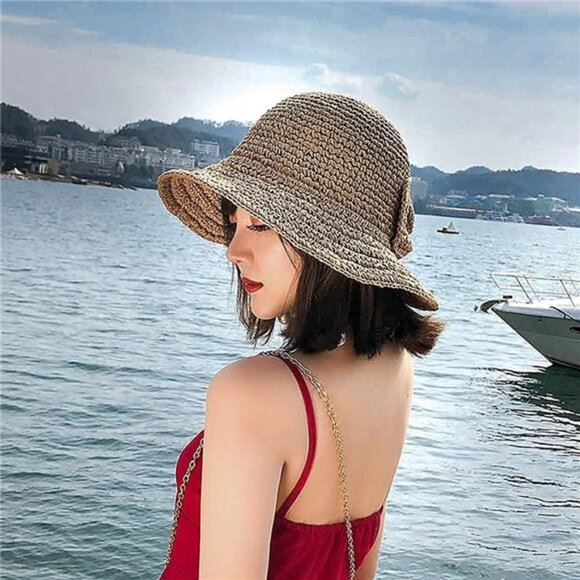 Foldable Wide Brim Floppy Straw Beach Sun Hat,Summer Cap with Bowknot for Women - Picture 7 of 8